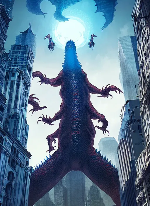 Prompt: artgerm, giant Kaiju dragon monster, god, tiny woman staring up at the Kaiju, expansive, unearthly, 8k, wide-shots, ginormous, horror, looming over city