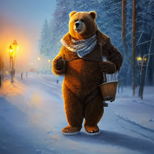 Image similar to smiling brown bear holding vodka and holding balalaika in hat in winter at streets of Moscow, sharp focus, fantasy style, octane render, volumetric lighting, 8k high definition, by greg rutkowski, highly detailed, trending on art Station