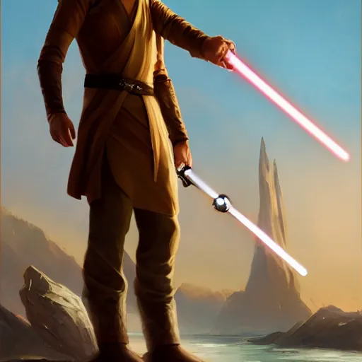 Image similar to a young blonde male jedi with short hair standing still looking at the sunset concept art by Doug Chiang cinematic, realistic painting, high definition, concept art, portait image, path tracing, serene landscape, high quality, highly detailed, 8K, soft colors, warm colors, turbulent sea, high coherence, anatomically correct, hyperrealistic, concept art, defined face, five fingers, symmetrical