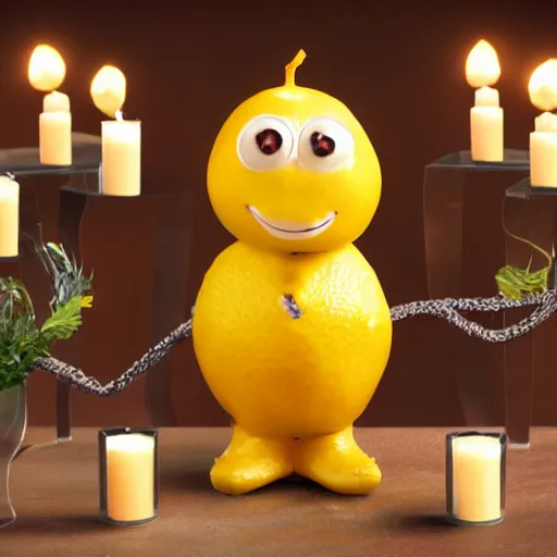 Prompt: an anthropomorphic lemon standing on a pentacle surrounded by candles, highly detailed, 4k