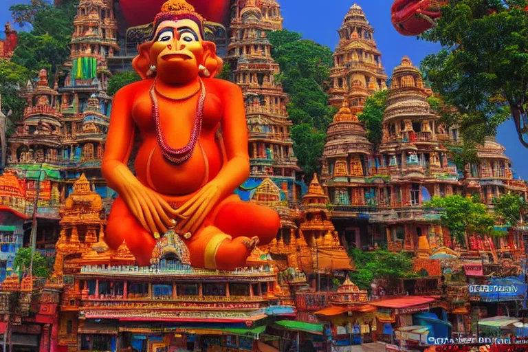 Image similar to high quality 3 d dreamscape! mumbai with biomorphic hanuman head building, kalighat highly detailed, cinematic smooth, stephen shore & john j. park, soft morning light, wide shot, high angle, uhd 8 k, deep focus