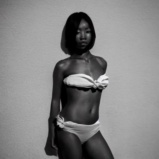 Image similar to a beautiful gorgeous black edgy model girl with short hair, bikini, she's sad, sunset, street of hong kong, 8 0 mm lens, 1. 2 aperture, kodak 5 2 1 9, grainy image, close up, cinematic light, very detailed, depressing atmosphere, cover magazine