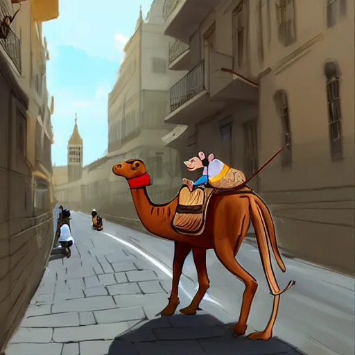 Image similar to A cute mouse riding a camel through a narrow street London, digital art, trending on Artstation