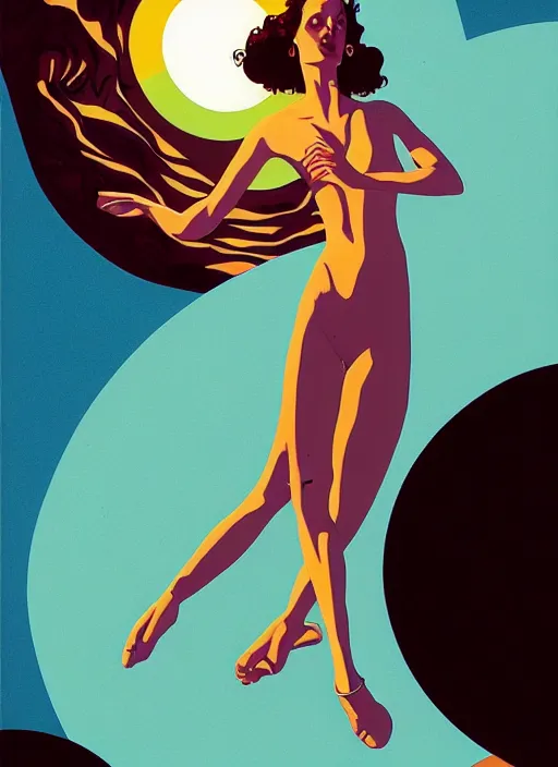 Image similar to poster artwork by michael whelan and tomer hanuka, portrait of beautiful sensual dancer in the clouds of jupiter, clean, art deco