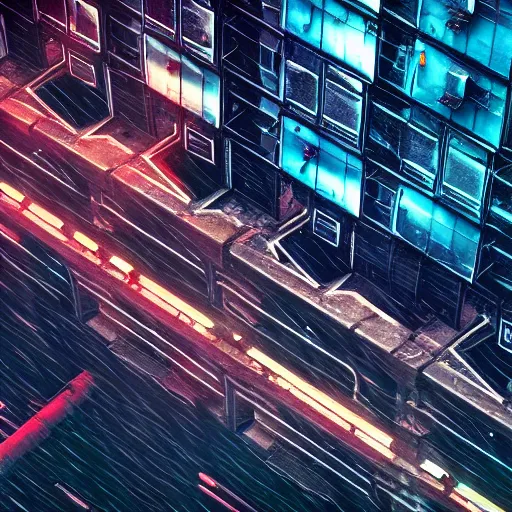 Prompt: 8 k artstation photograph rainy city crumbling ruins scifi cyberpunk aesthetic hyper realistic aerial view top down