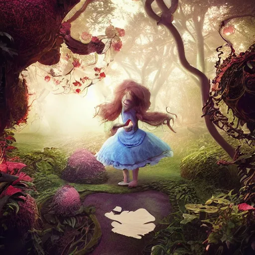 Image similar to alice in wonderland, illustration, 3 d, mistic atmosphere, scarry, octane render, intricate, hyper detailed, morning light, cute, well rendered