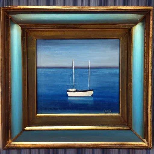 Prompt: white sailboat on a dark blue sea by a port, coherent, oil on canvas, reflection