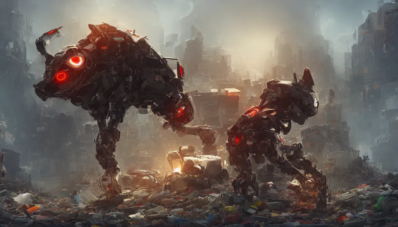 Image similar to gigantic robotic cat walks in a trash heap, red eyes, ai limbo, digital art, trending on artstation, 8k, epic composition, highly detailed,