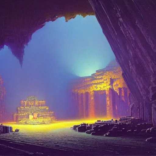 Prompt: a beautiful painting of a dimly lit dark cavernous temple with blue and purple sources of light by bruce pennington, trending on artstation