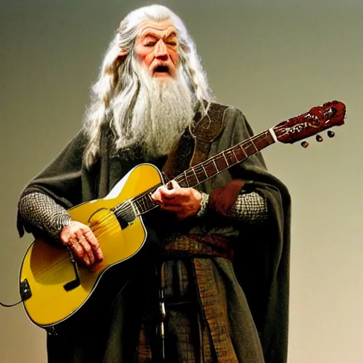 Image similar to gandalf playing the guitar on stage