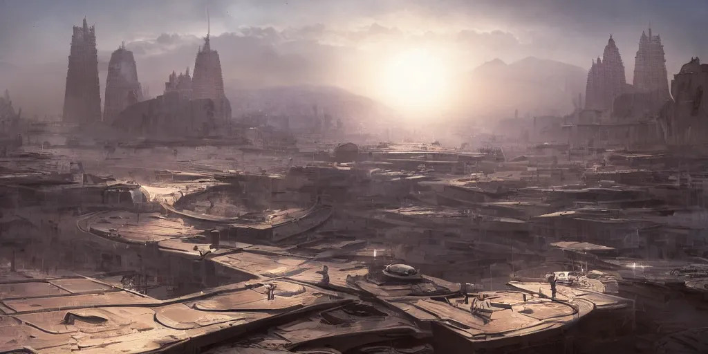 Image similar to Futuristic marrakech , beautiful dynamic lighting, cinematic, wide angle establishing shot, extremely high detail, photo realistic, cinematic lighting, post processed, concept art, artstation, matte painting, style by eddie mendoza, raphael lacoste, alex ross, volumetric lighting, light rays, photorealistic, ultrarealistic, moody, coronarender, 8k