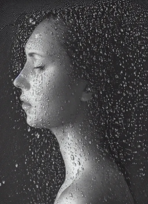 Image similar to a woman's face in profile, made of water droplets, in the style of the Dutch masters and Gregory Crewdson, dark and moody