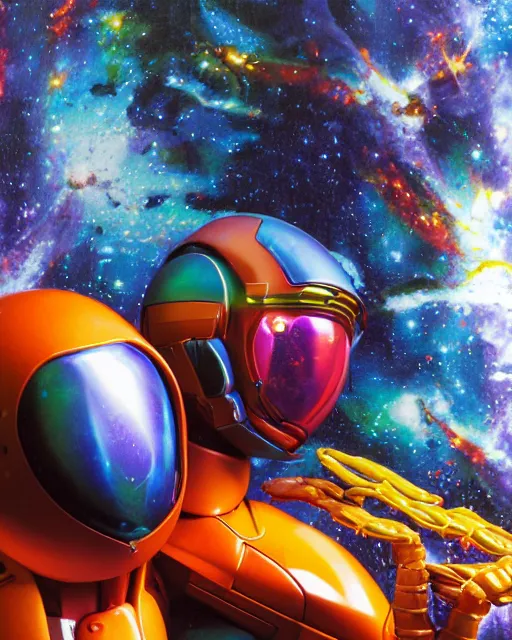 Image similar to triadic galaxy cosmic space - opera diorama bg. helmet portrait of a figurine of samus aran's orange chozo varia power suit from the sci - fi nintendo videogame metroid. designed by hiroji kiyotake, gene kohler and rodney brunet. metroid zero mission. metroid prime. glossy. masterpiece. intricate cybertronics. shallow depth of field.