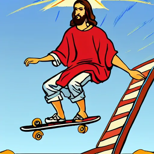 Image similar to jesus christ doing a kickflip on a skateboard over donald trump