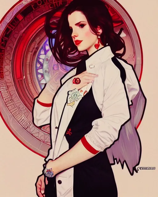 Image similar to lana del rey as a confident scientist, wearing a labcoat, intricate, red white and black color scheme, illustration by krenz cushart, alphonse mucha, artgerm, trending on artstation