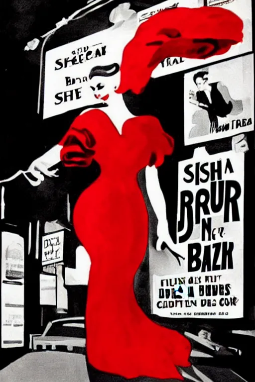 Prompt: film noir jazz bar, crowds of people, she arrived in a red dress