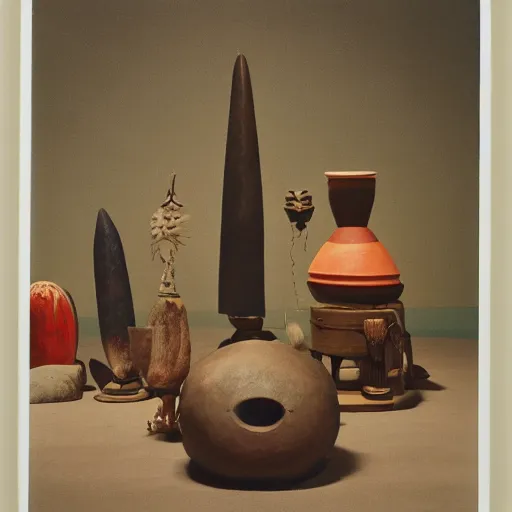 Image similar to a three color offset photography of single surrealist object on display, anthropology of wonder, ( ( ( surrealism ) ) ), exotic artifacts, colonial expedition, exhibition, 6 0 s style