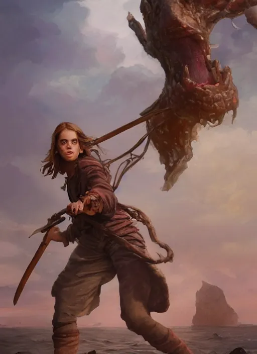 Prompt: hyper realistic photo of prehistoric pirate emma watson, full body, rule of thirds, conceptart, saturated colors, cinematic, greg rutkowski, brom, james gurney, mignola, craig mullins, artstation, cgsociety