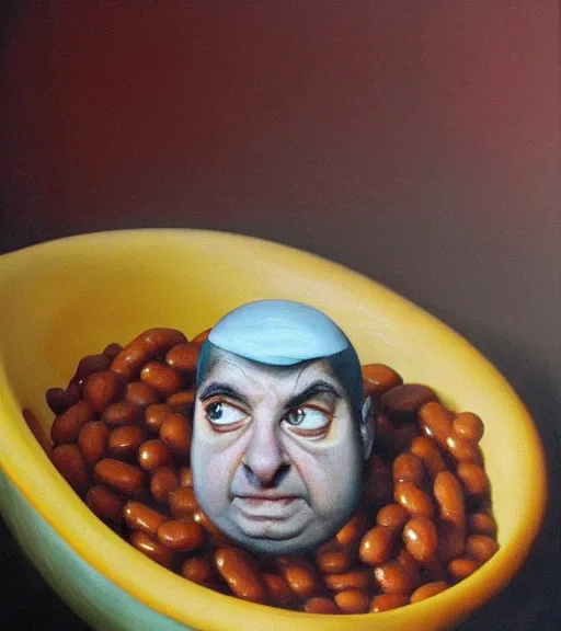 Prompt: mr beans face in a bowl baked beans, surrealist oil painting, highly detailed