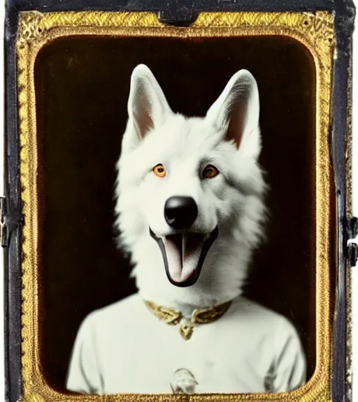 Image similar to professional studio photo portrait of anthro anthropomorphic albino german shepard head animal person fursona serious wearing elaborate military general uniform clothes degraded medium by Louis Daguerre daguerreotype tintype