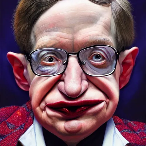 Image similar to UHD hyperrealism painting of Stephen Hawking wearing clown makeup, clown costume, correct clown face, correct clown makeup, by Antonio Caparo and Ferdinand Knab and Greg Rutkowski, UHD, photorealistic, trending on artstation, trending on deviantart, correct face, realistic clown makeup