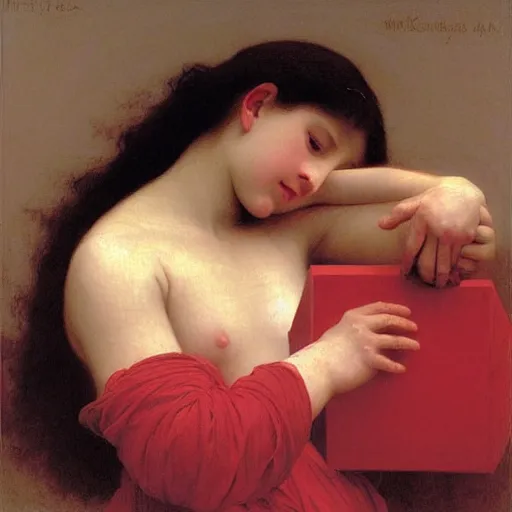 Image similar to Angel crying on top of a red ocean cube, oil painting by William-Adolphe Bouguereau