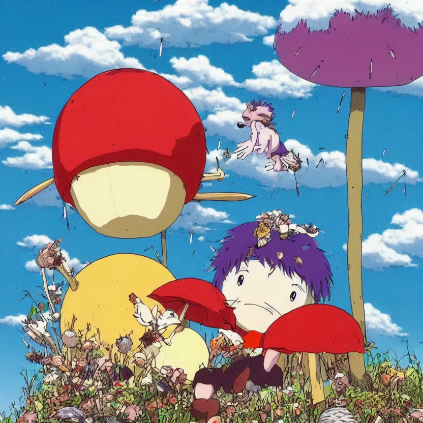 Image similar to anime by hayao miyazaki, hedgehog with purple needles hides under fly agaric from the rain