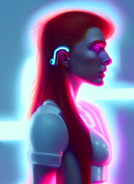 Prompt: an extremely beautiful redhead american female humanoid with freckled cheeks, cyber neon lighting, by loish, d & d, fantasy, futurism, cyberpunk fashion clothes, elegant profile posing, perfect anatomy, hyper photorealistic, digital photography, artstation, pinterest, concept art, art by pascal blanche and greg rutkowski,