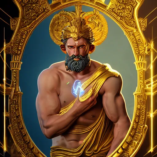 Prompt: Zeus, God, Character Design, Digital Art, Gold Light, Blue Mist, 8K, insanely detailed and intricate, ornate, hyper realistic, super detailed, Artstation, Octane render, in the style of James Jean