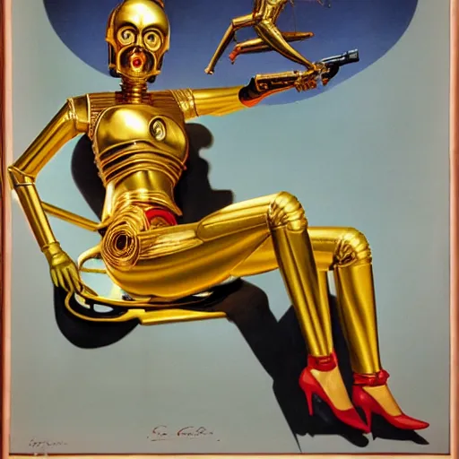 Image similar to a reclining c3po with a smiling female human face by Gil Elvgren, holding a smoking ray-gun, full body