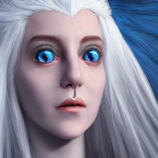 Image similar to a woman with white hair and blue eyes, a character portrait by Brian and Wendy Froud, trending on cg society, fantasy art, zbrush, airbrush art, digital painting