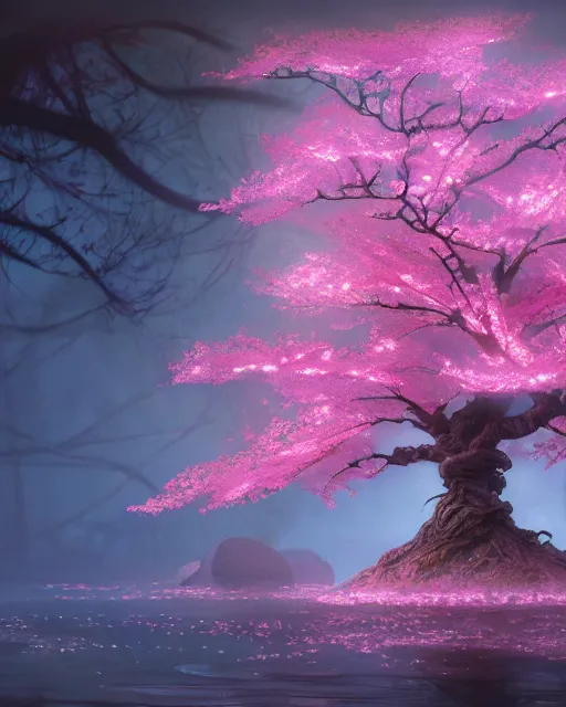 Image similar to one singular matte painting of a wet bioluminescent cherry blossom tree, highly detailed, digital painting, cinematic, hyper realism, dark retrowave, art by stanley lau and artgem and magali villeneuve and alphonse mucha, artstation, octane renderer, cgsociety