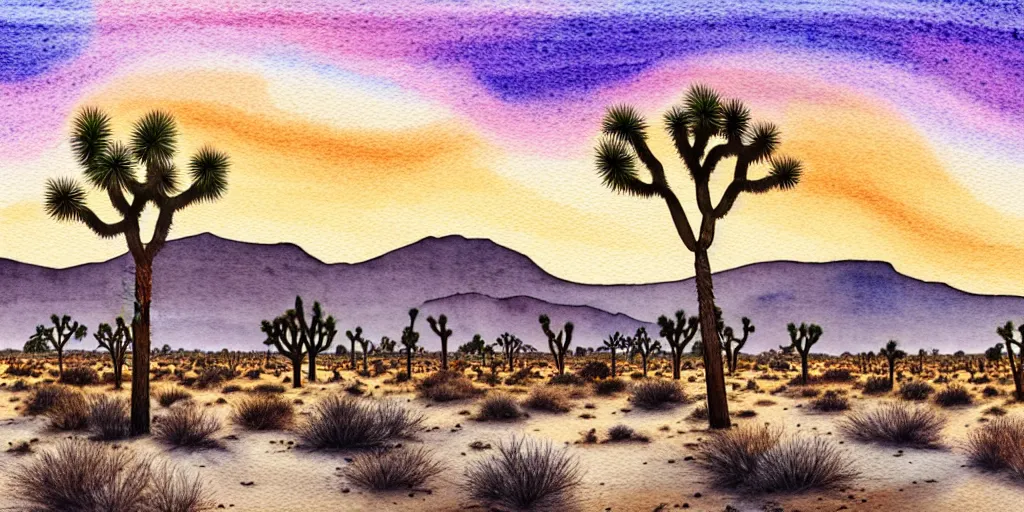 Image similar to hyper detailed Joshua tree desert watercolor painting, boho, mid century, modern, beige and Grey sunset, finely detailed, hd, 8k minimalism, edge to edge, 8k