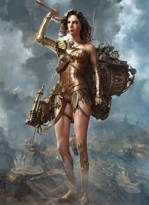 Image similar to highly detailed steampunk gal gadot standing, blond, steel age : leonardo da vinci, greg rutkowski, magali villeneuve