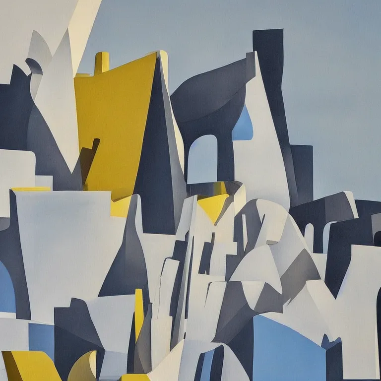 Image similar to a painting of abstract buildings like santorini by zaha hadid and yves tanguy