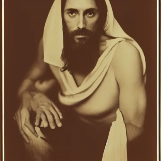 Image similar to Jesus moments after the DMT hallucinations began. Close-up studio portrait photo by Annie Leibovitz. Tri-x.
