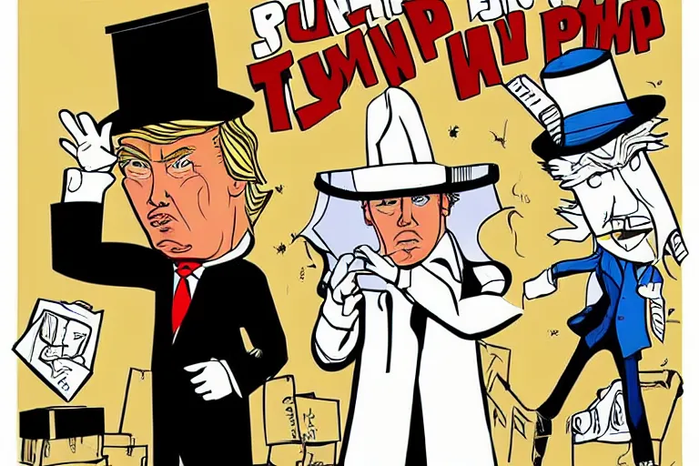 Image similar to 2 d poster illlustration donald trump and donald trump wearing trenchcoats and black floppy spy hats, stacks of boxes everywhere and a safe broken open for the movie spy vs spy