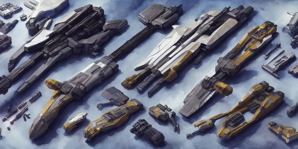 Image similar to futuristic sci - fi props and gadget, hard surface, collection, kitbash, parts, shape and form, in watercolor gouache detailed paintings, star citizen, modular, pieces, golden ratio, mobius, weapon, guns, destiny, big medium small, insanely details