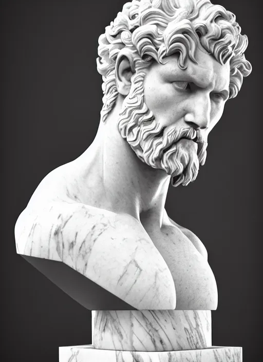 Image similar to stylized carrara marble ornate statue bust made of marble of hercules, perfect symmetrical body, perfect symmetrical face, hyper realistic, hyper detailed, by johannen voss, by michelangelo, octane render, blender, 8 k, displayed in pure white studio room