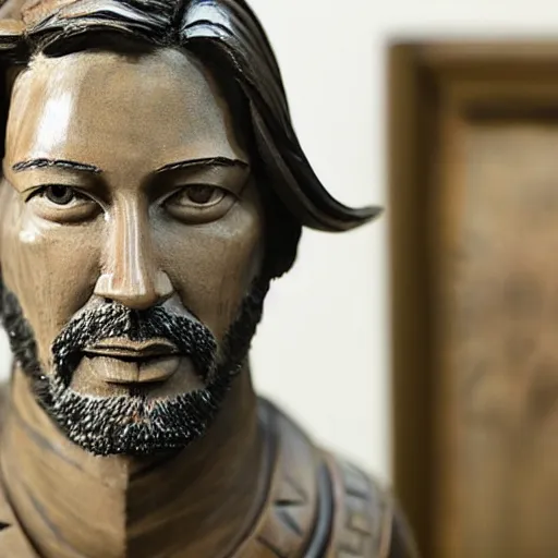 Image similar to a wooden sculpture of keanu reaves