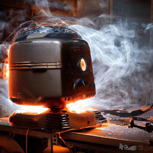 Image similar to toaster oven mecha head, dark messy smoke - filled cluttered workshop, dark, dramatic lighting, orange tint, sparks, cinematic, highly detailed, sci - fi, futuristic, movie still