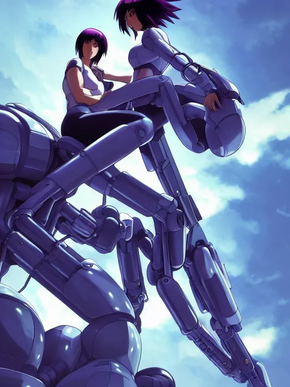 Image similar to a fullbody action still of motoko kusanagi riding on top of a tachikoma, the major ghost in the shell : : stand alone complex, under repairs, maintenance : : by ilya kuvshinov, rossdraws, artgerm, sola digital arts, anti aliasing, raytracing : :