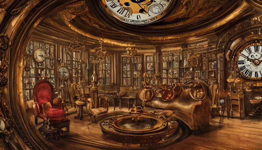 Image similar to a circular common room full of antique clocks, high detail, steampunk, fantasy, mechanical, 4 k, trending on artstation