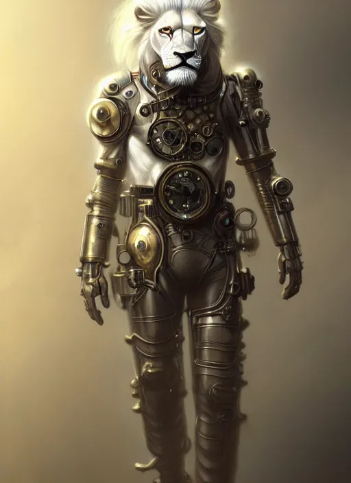 Prompt: an anthromorphic male white lion in a steampunk cybersuit, diffuse lighting, fantasy, highly detailed, photorealistic, digital painting, artstation, illustration, concept art, smooth, sharp focus, in the style of tom bagshaw