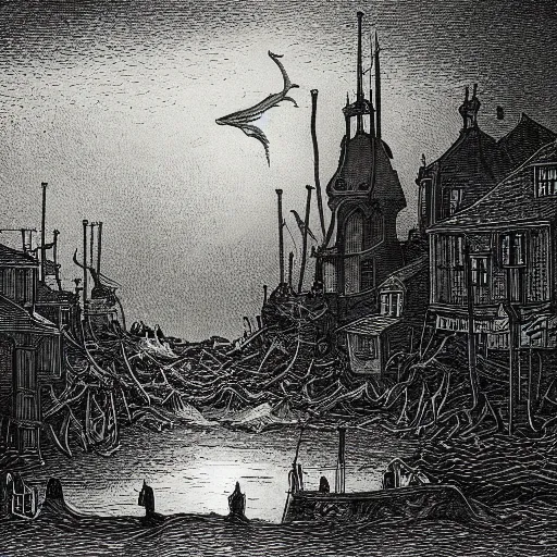 Image similar to Innsmouth by H.P. Lovecraft, fishing town, scenic image, dramatic lighting, drawing, illustration by Gustav Doré