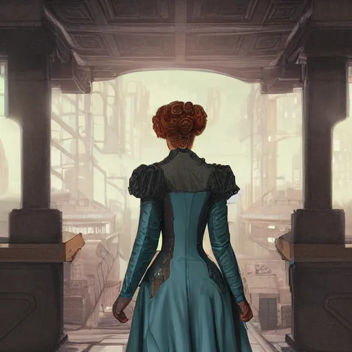 Prompt: portrait of a victorian lady in a futuristic city, from behind, streets, solarpunk, highly detailed, digital painting on parchment