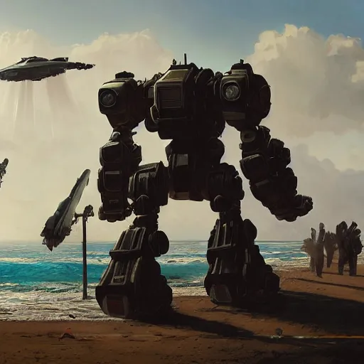 Prompt: mega mech at the beach with his friends, realistic, 8 k, extremely detailed, cgi, trending on artstation, hyper - realistic render, by greg rutkowski