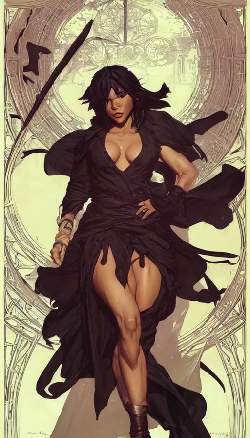 Image similar to yoruichi shihouin by artgerm, greg rutkowski and alphonse mucha, concept art, matte, intricate, full body, epic composition