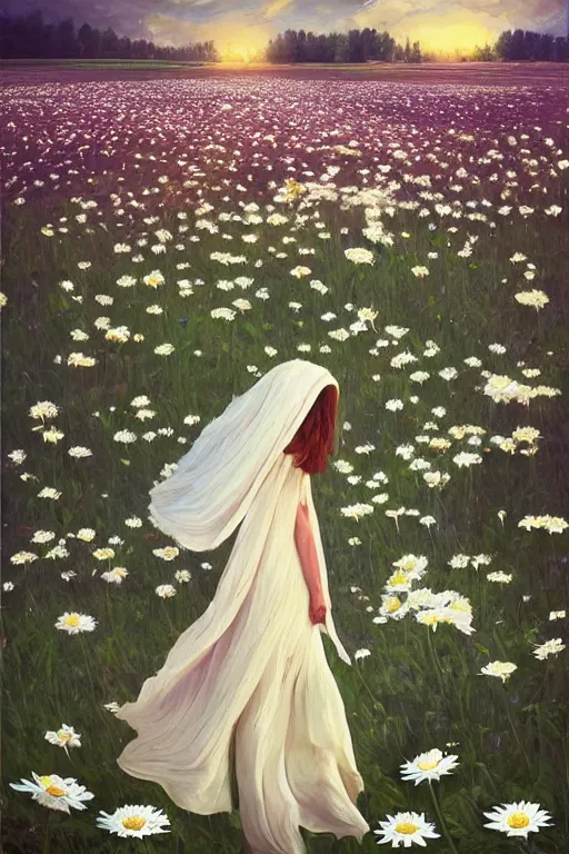 Image similar to giant white daisy flowers veil head, girl walking in a flower field, surreal photography, sunrise, dramatic light, impressionist painting, colorful clouds, digital painting, artstation, simon stalenhag