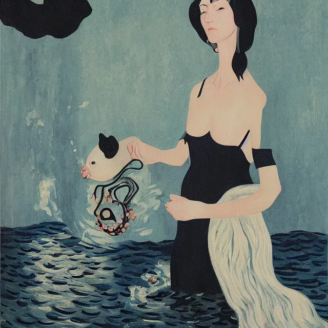 Image similar to tall female emo artist holding a pig in her flooded bathroom, water gushing from ceiling, painting of flood waters inside an artist's bathroom, a river flooding indoors, pomegranates, pigs, ikebana, zen, water, octopus, river, rapids, waterfall, black swans, canoe, berries, acrylic on canvas, surrealist, by magritte and monet